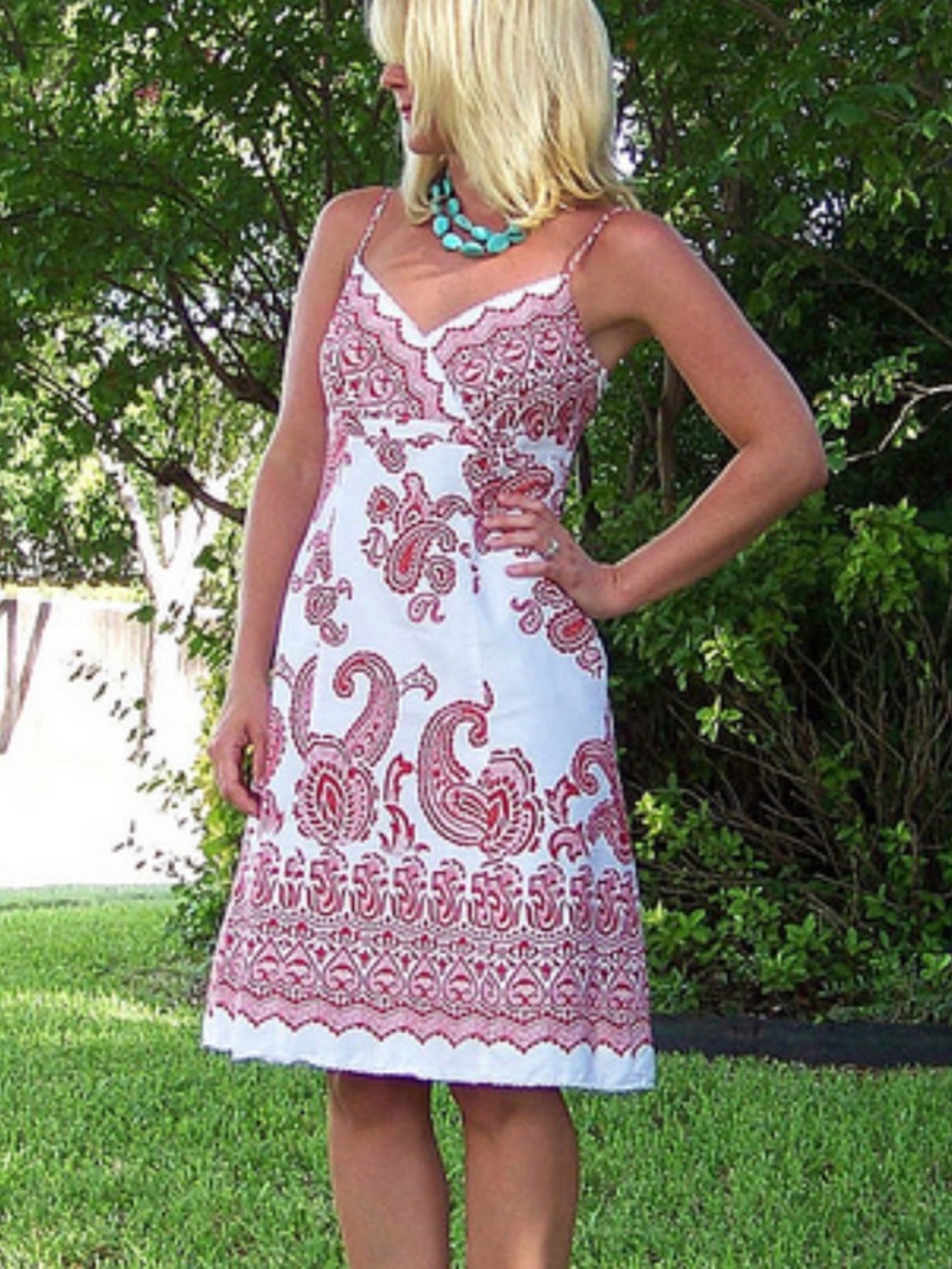 Ann Taylor Paisley Dress Red/White Spaghetti Straps Midi 100% Cotton Sz 4P